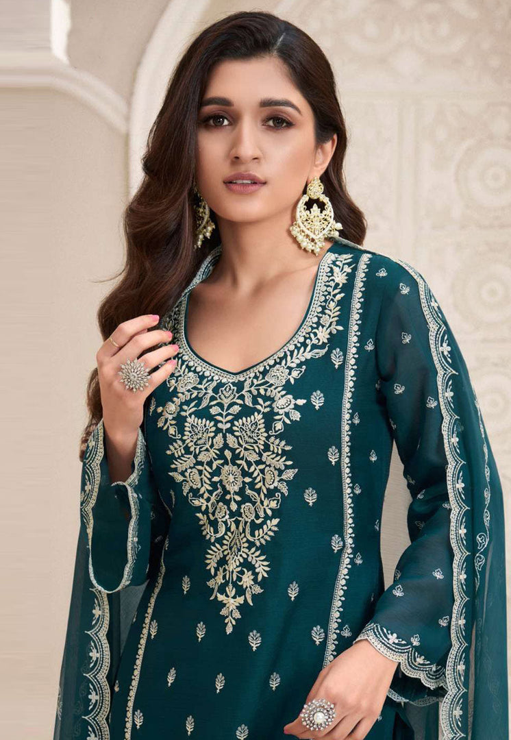 Teal Silk Chiffon Pakistani Suit