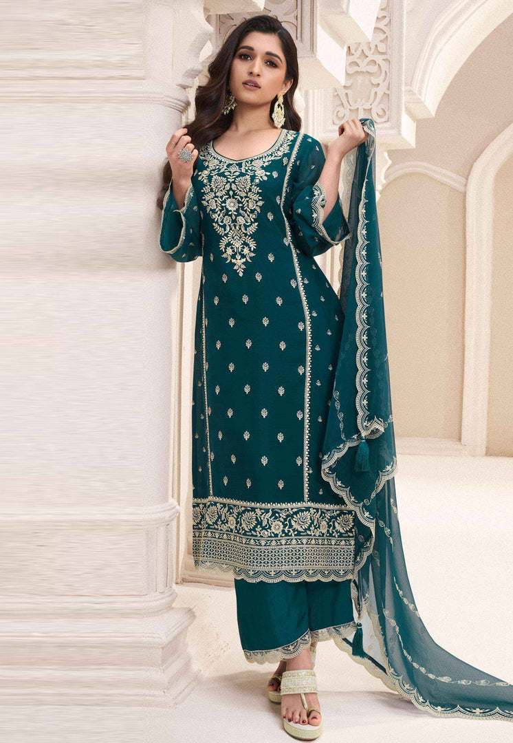 Teal Silk Chiffon Pakistani Suit