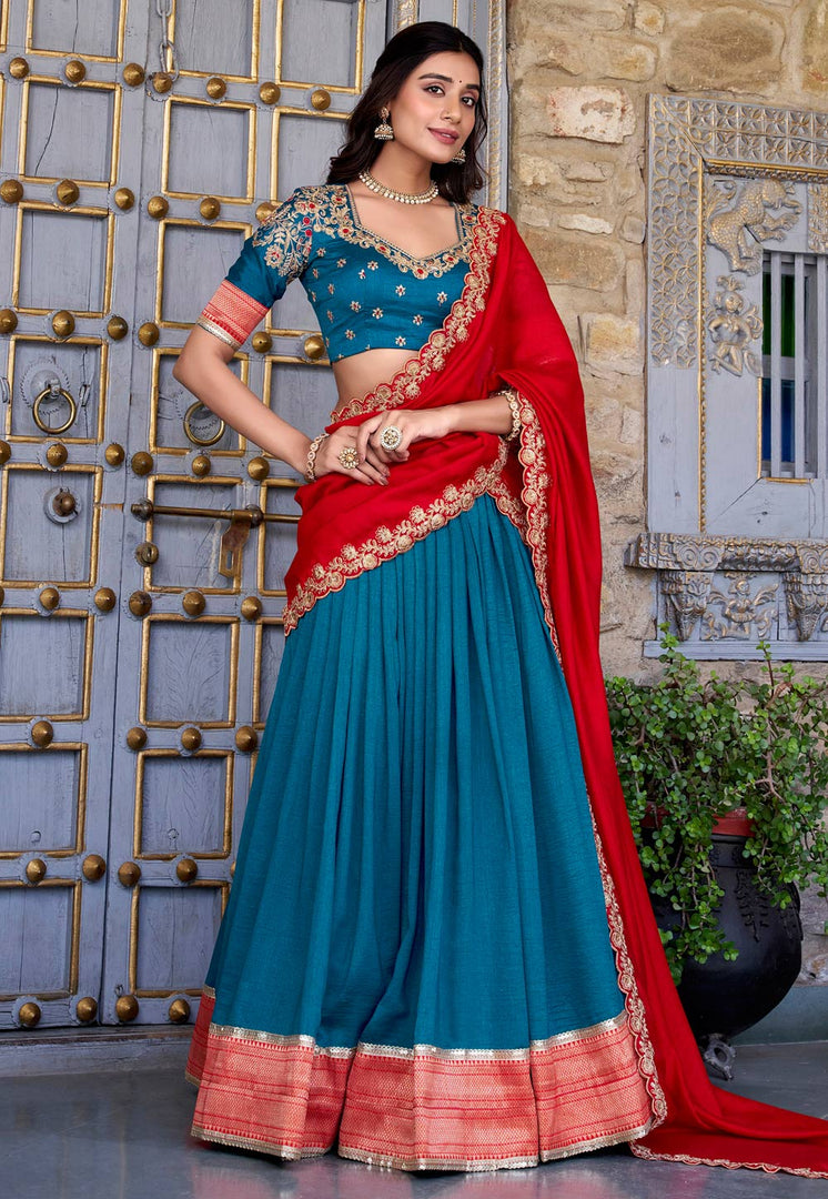 Teal Silk Circular Lehenga Choli