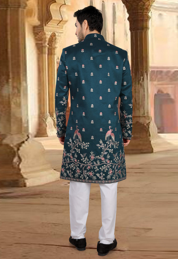 Teal Silk Indo Western Sherwani