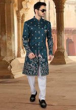 Load image into Gallery viewer, Teal Silk Indo Western Sherwani
