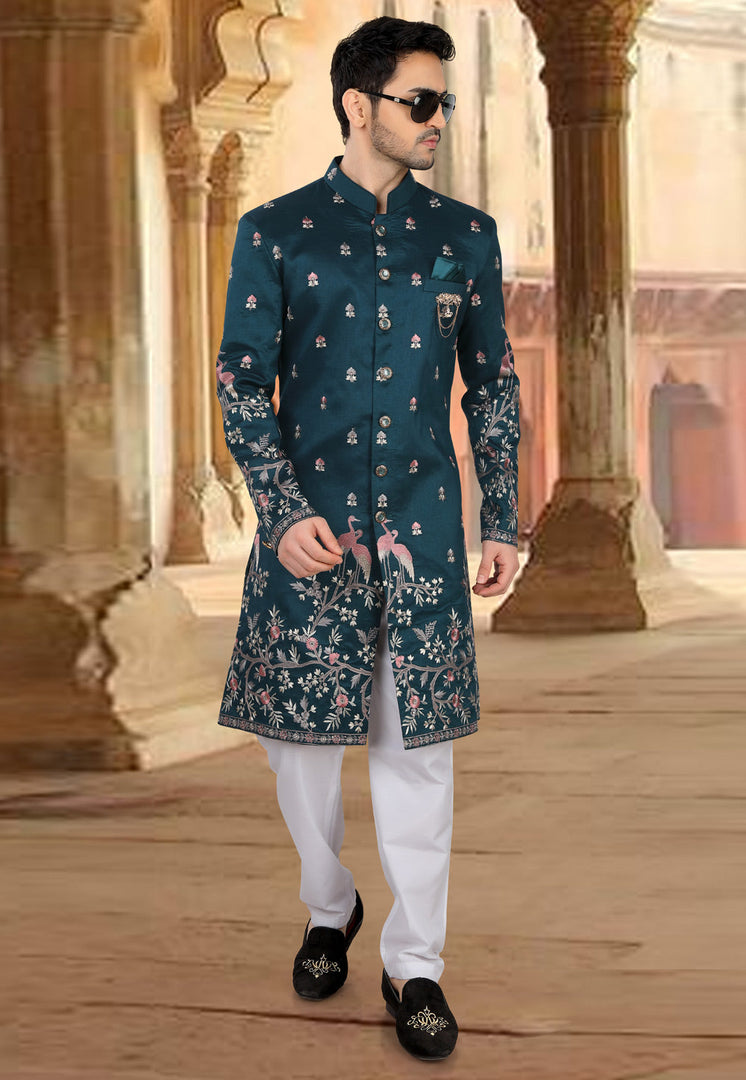 Teal Silk Indo Western Sherwani