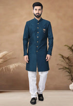 Load image into Gallery viewer, Teal Silk Indo Western Suit
