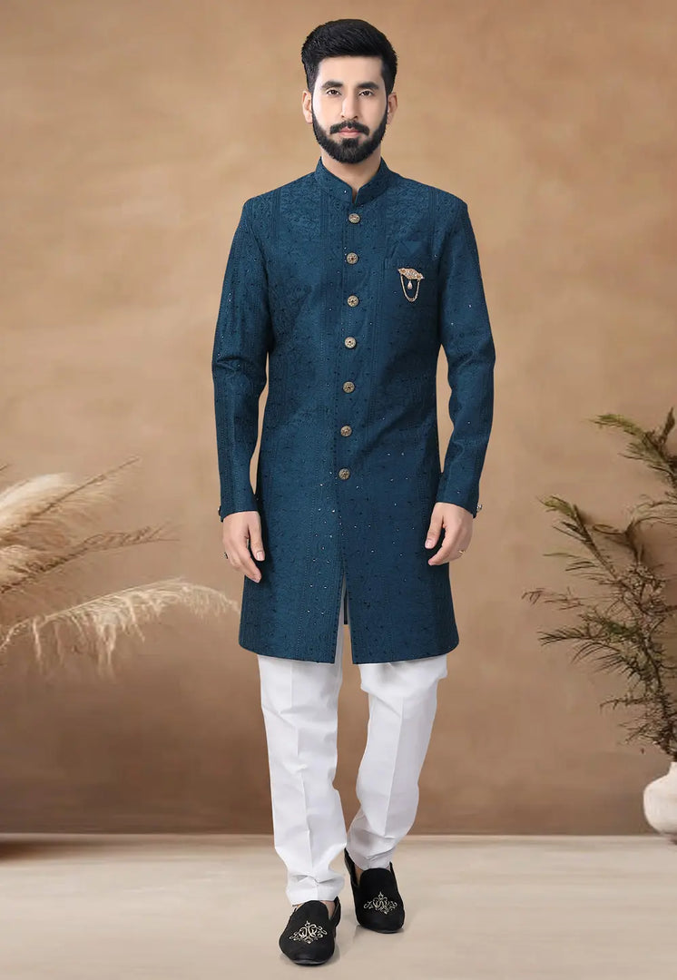 Teal Silk Indo Western Suit