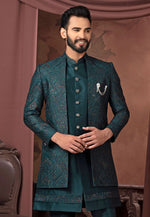 Load image into Gallery viewer, Teal Silk Jacket Style Sherwani
