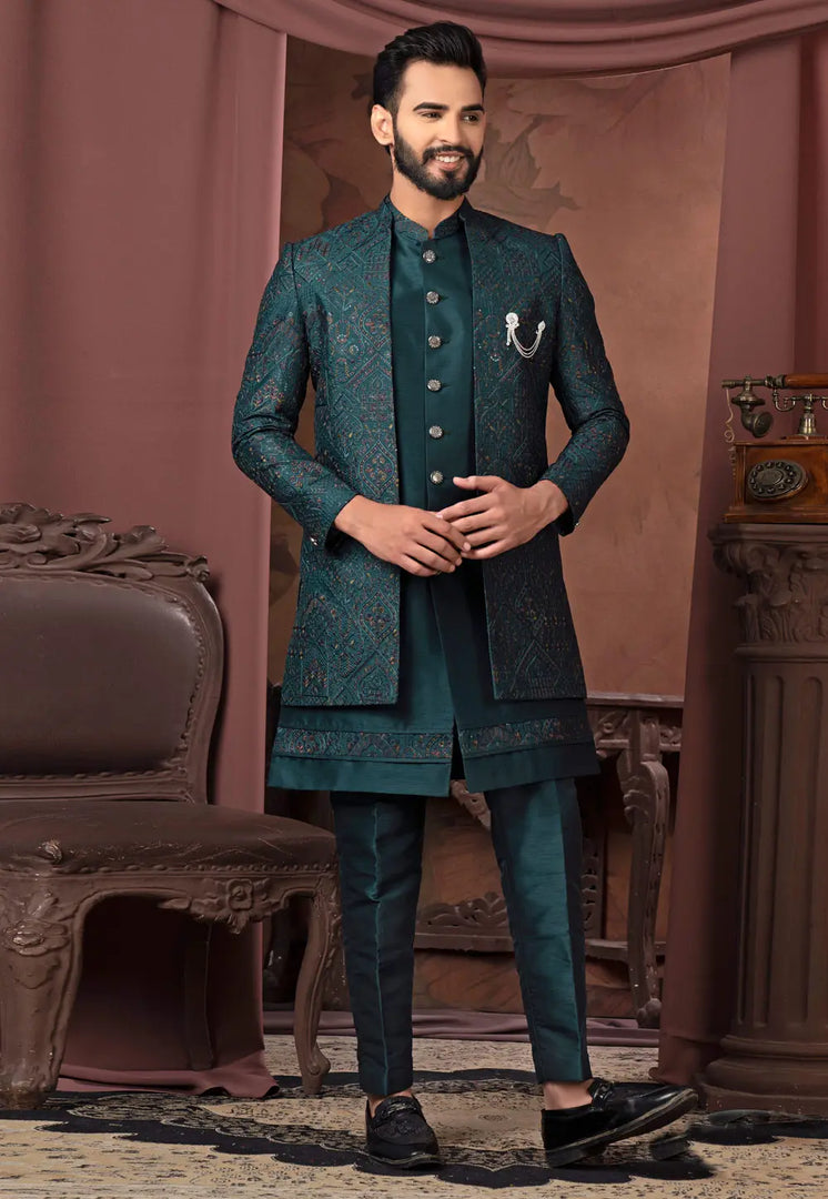 Teal Silk Jacket Style Sherwani