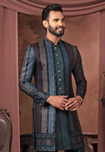 Load image into Gallery viewer, Teal Silk Jacket Style Sherwani
