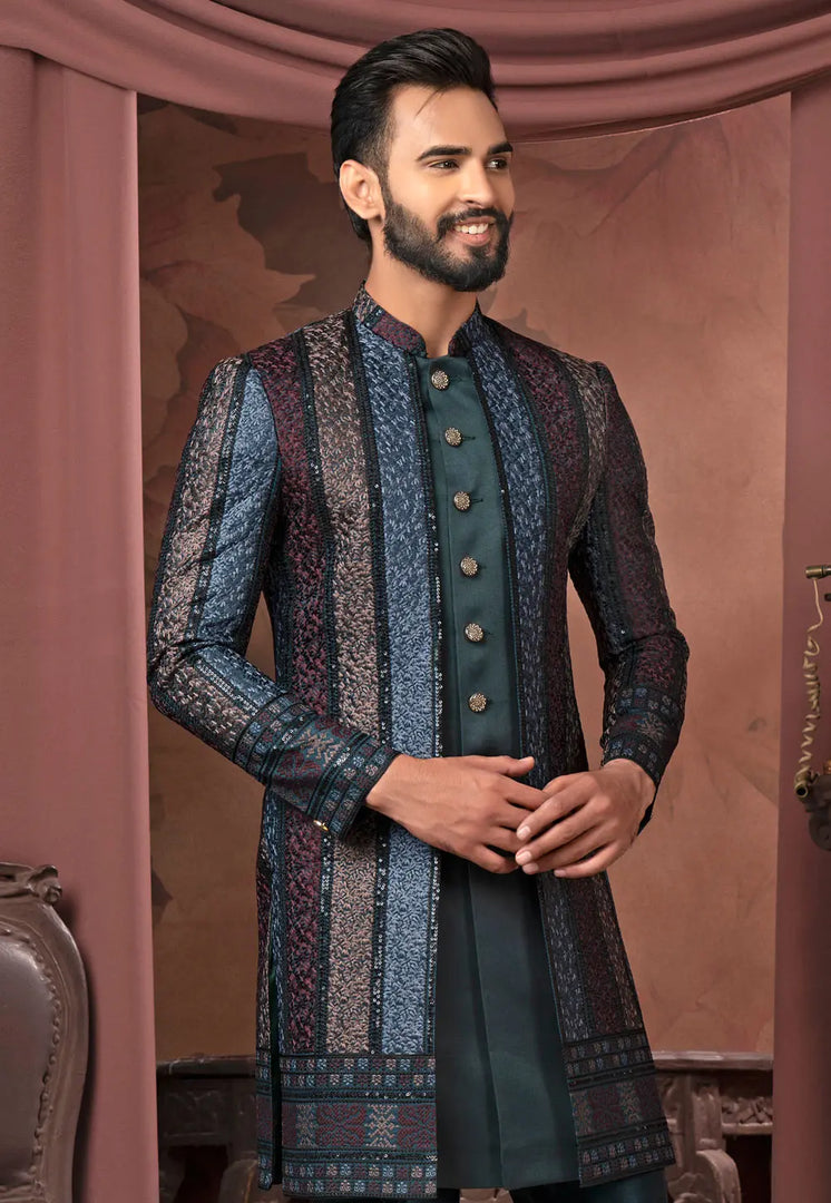 Teal Silk Jacket Style Sherwani