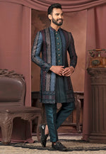 Load image into Gallery viewer, Teal Silk Jacket Style Sherwani
