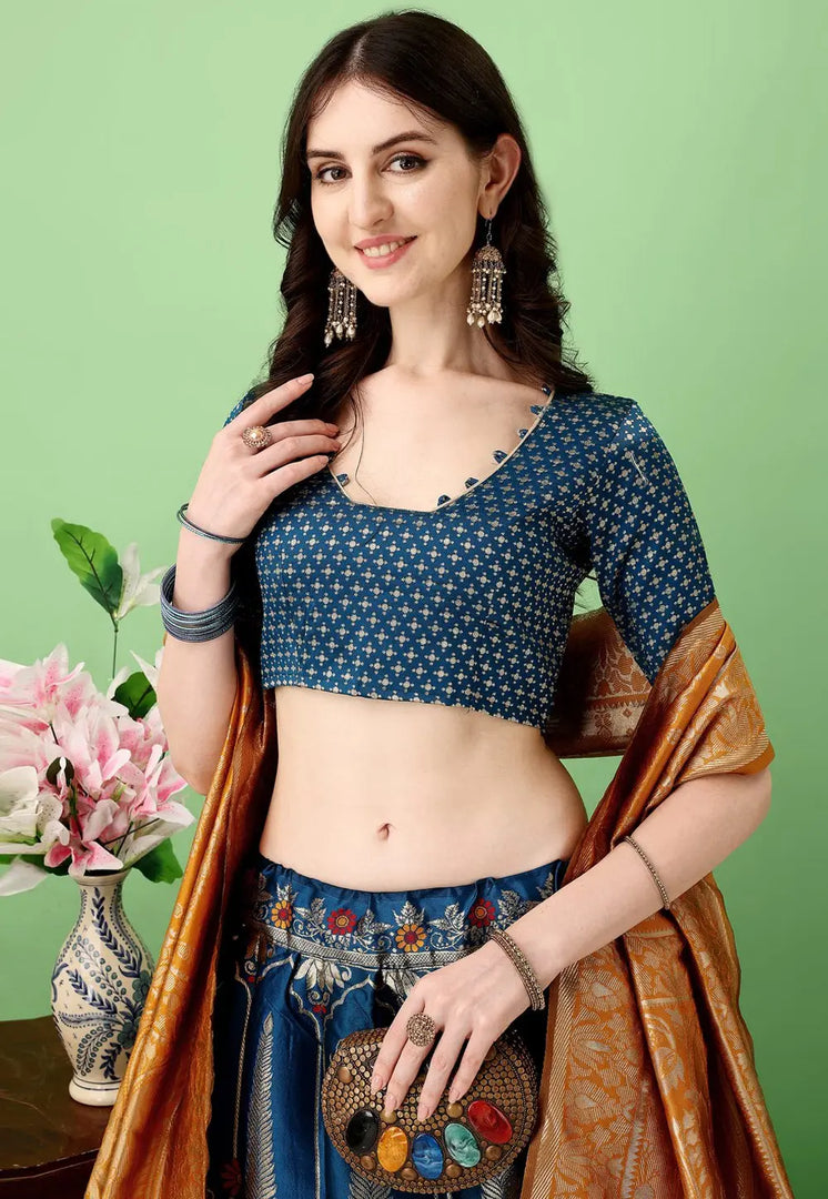 Teal Silk Jacquard Circular Lehenga Choli