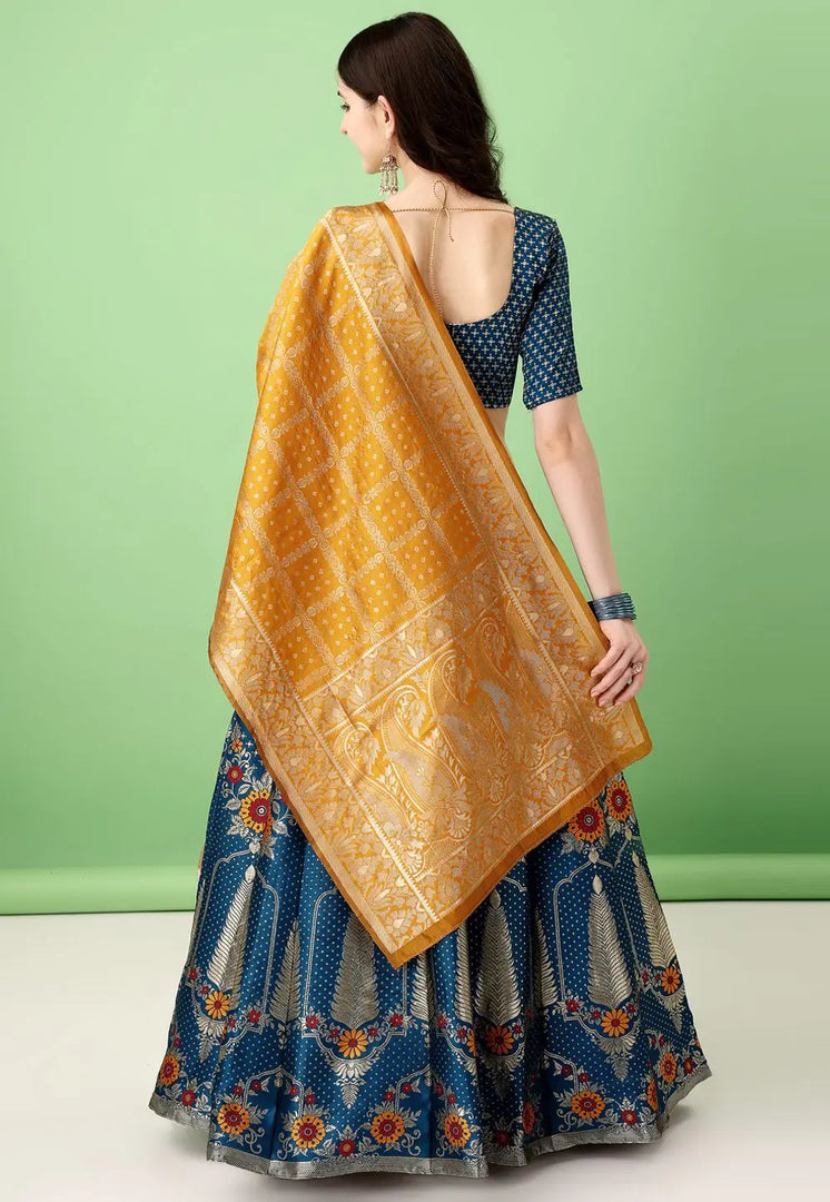 Teal Silk Jacquard Circular Lehenga Choli