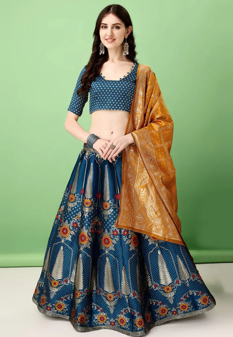 Teal Silk Jacquard Circular Lehenga Choli