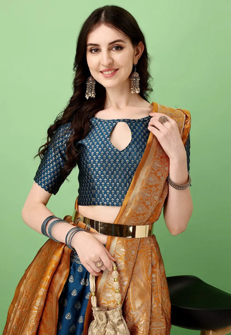 Teal Silk Jacquard Lehenga Choli