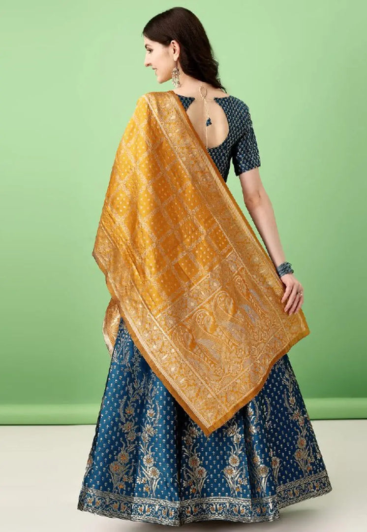 Teal Silk Jacquard Lehenga Choli