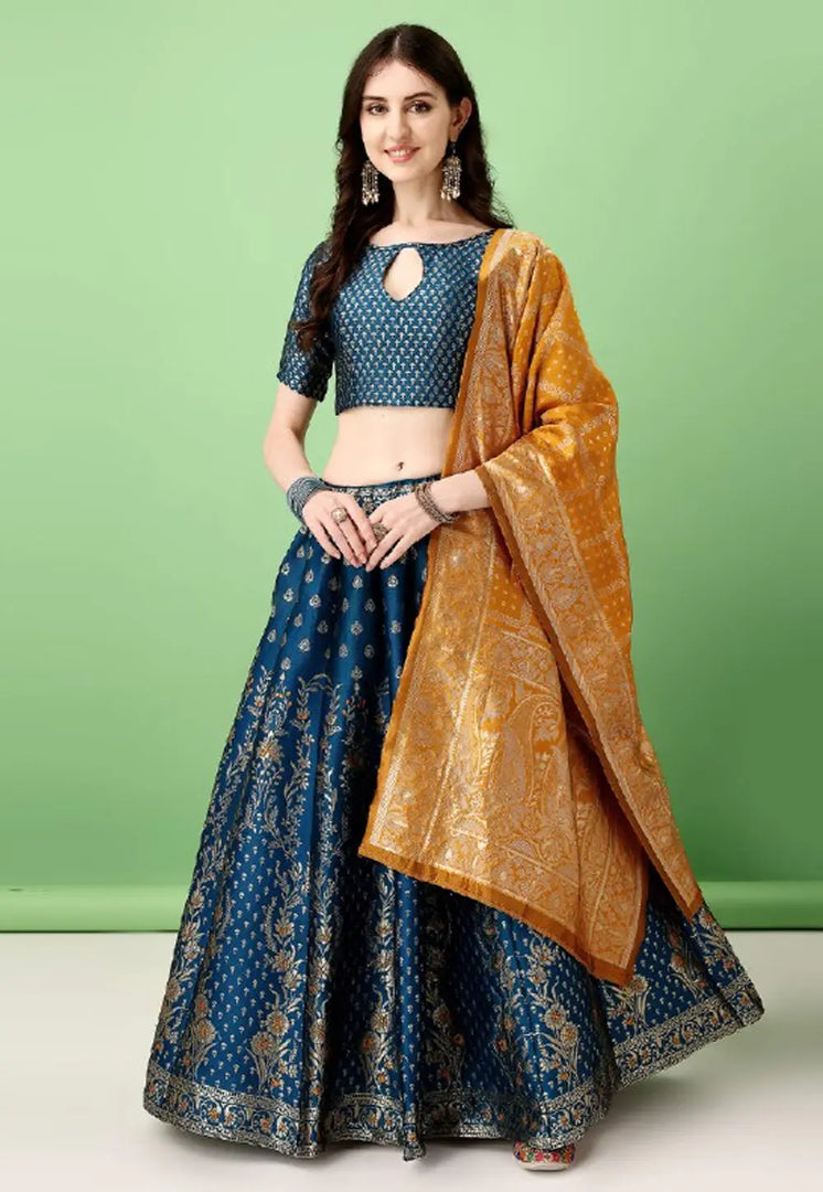 Teal Silk Jacquard Lehenga Choli