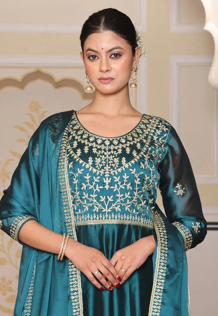 Teal Silk Long Anarkali Suit