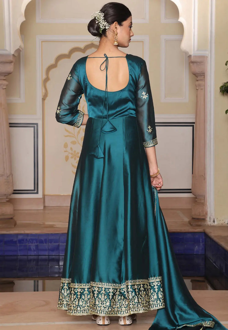 Teal Silk Long Anarkali Suit