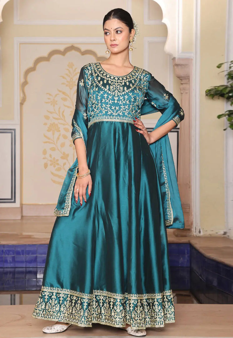 Teal Silk Long Anarkali Suit