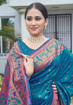 Load image into Gallery viewer, Teal Silk Paithani Saree
