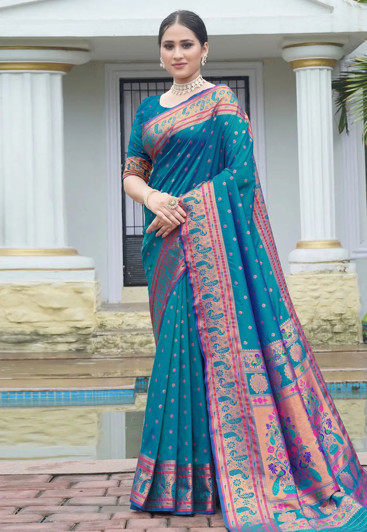 Teal Silk Paithani Saree
