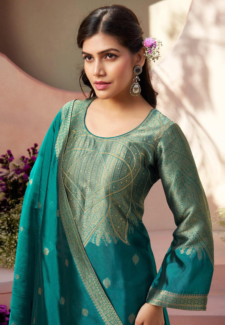 Teal Silk Pakistani Suit
