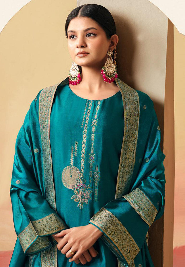 Teal Silk Pakistani Suit