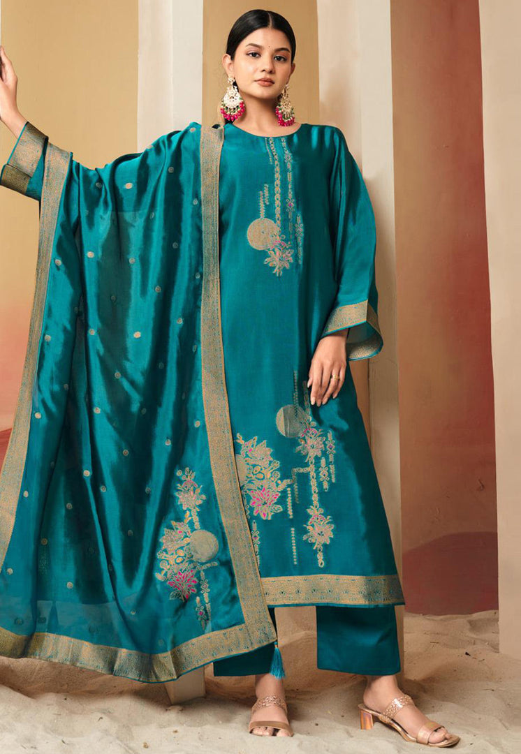 Teal Silk Pakistani Suit