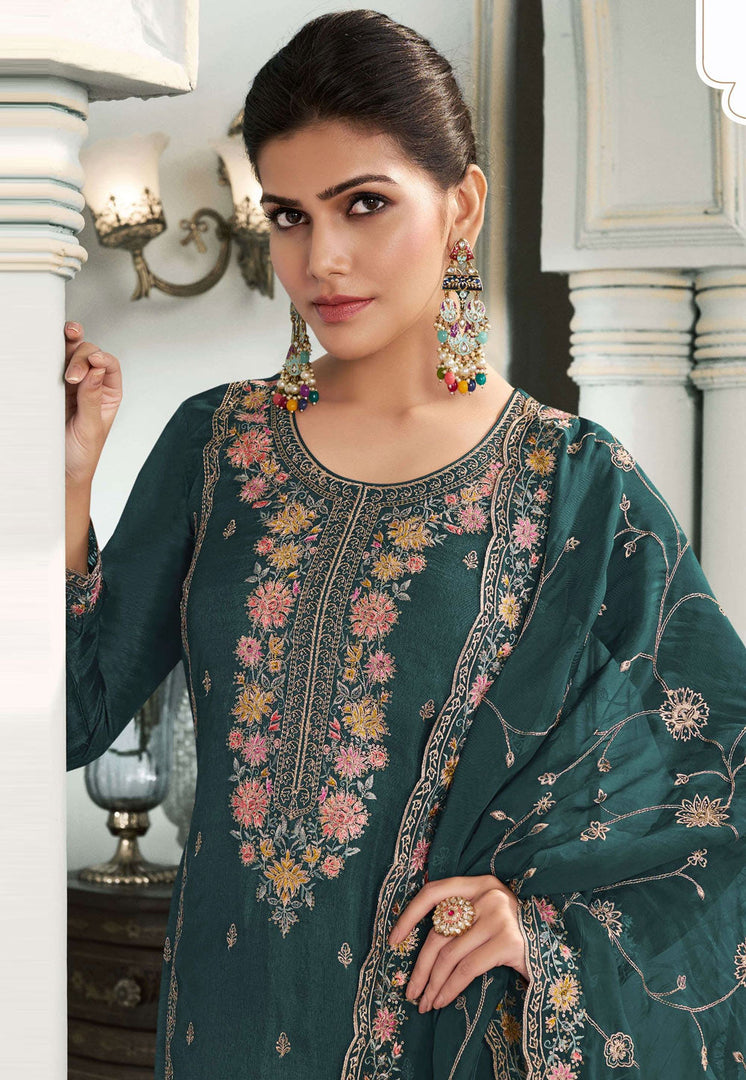 Teal Silk Pant Style Suit