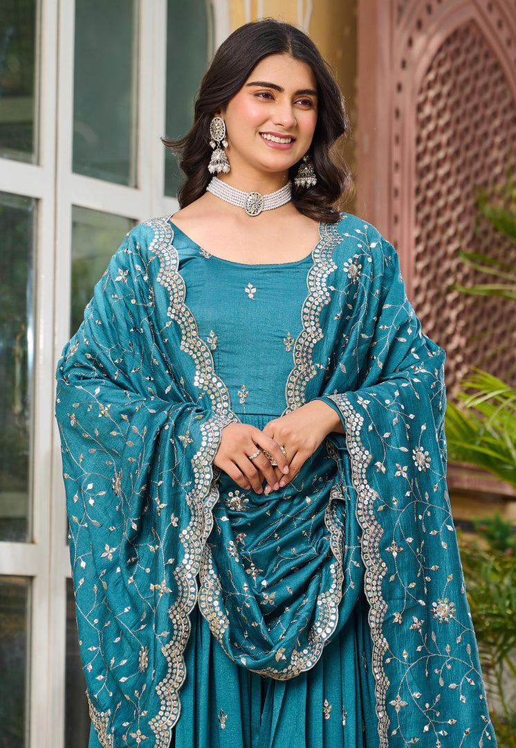 Teal Silk Readymade Anarkali Suit