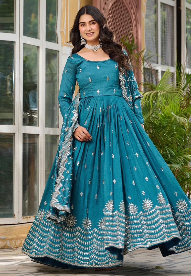 Teal Silk Readymade Anarkali Suit