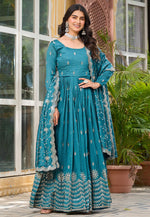 Load image into Gallery viewer, Teal Silk Readymade Anarkali Suit
