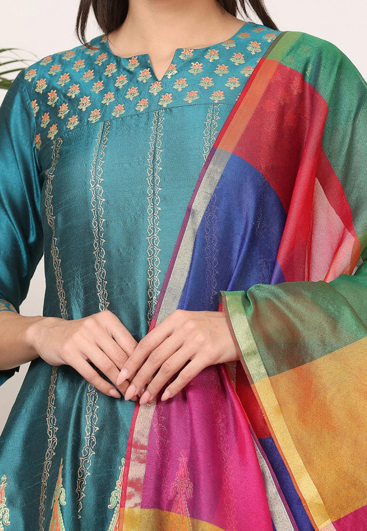 Teal Silk Readymade Churidar Salwar Suit