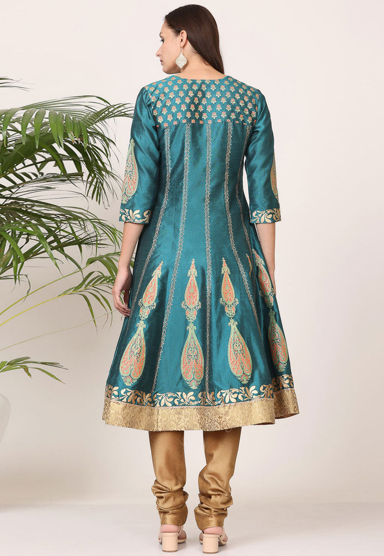 Teal Silk Readymade Churidar Salwar Suit