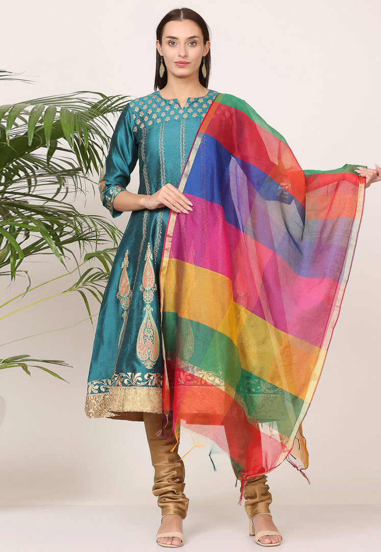 Teal Silk Readymade Churidar Salwar Suit