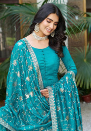 Teal Silk Readymade Long Anarkali Suit
