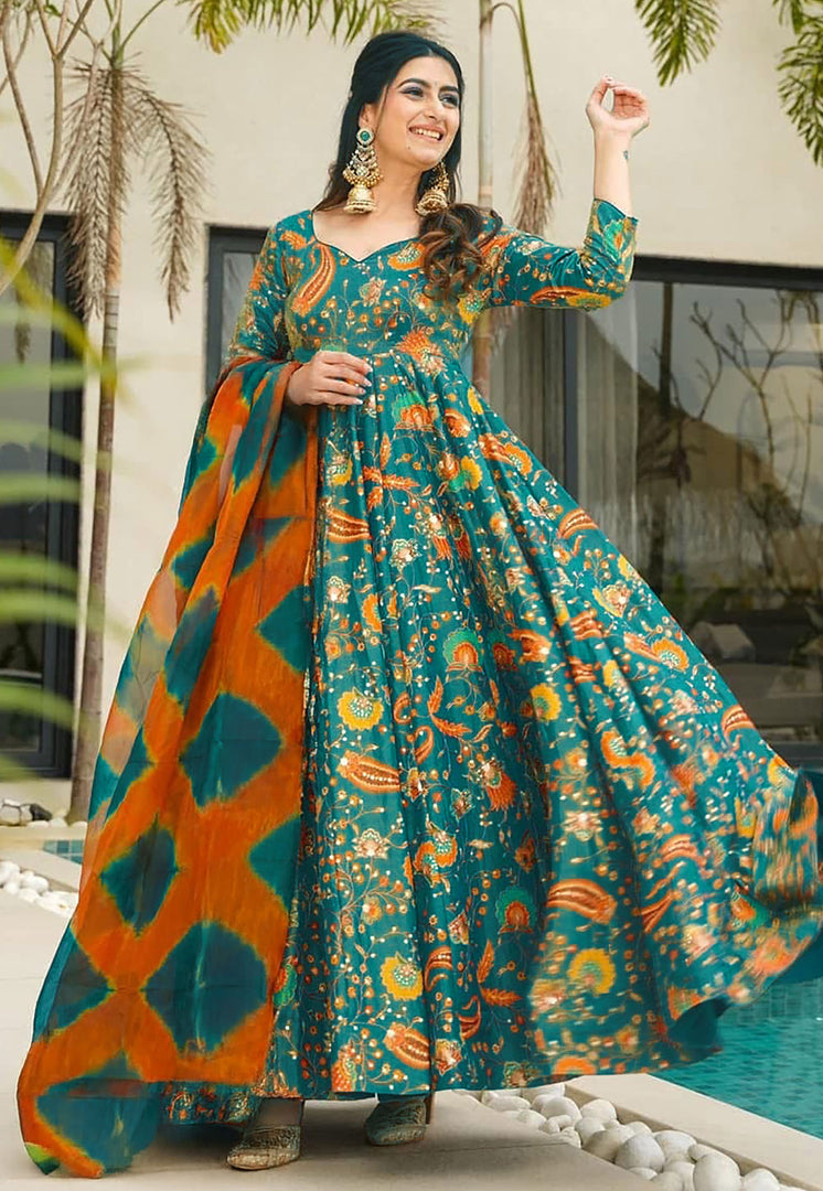 Teal Silk Readymade Long Anarkali Suit