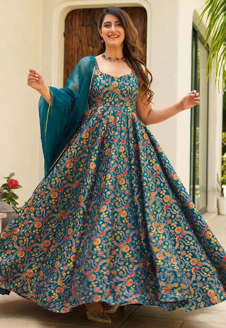 Teal Silk Readymade Long Anarkali Suit