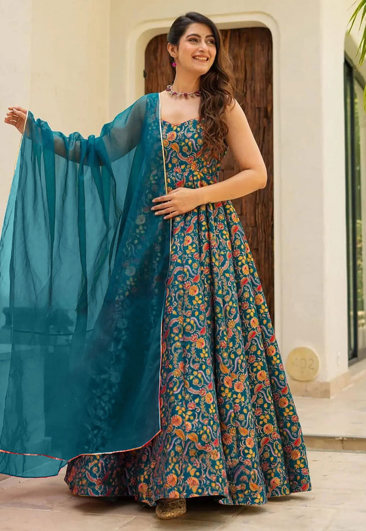 Teal Silk Readymade Long Anarkali Suit