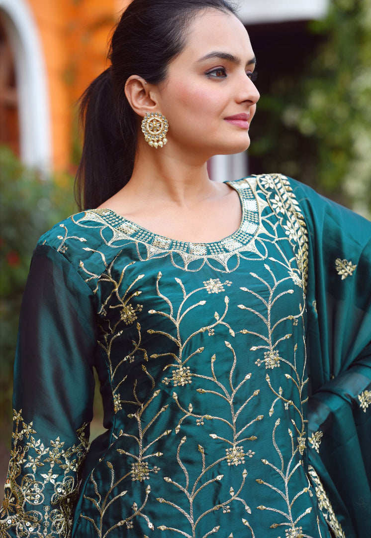 Teal Silk Readymade Long Choli Lehenga