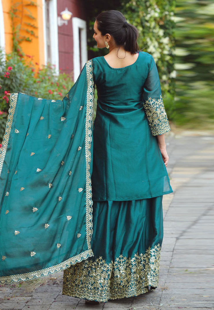 Teal Silk Readymade Long Choli Lehenga