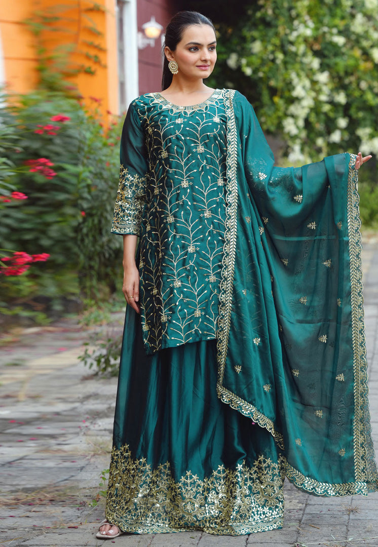 Teal Silk Readymade Long Choli Lehenga