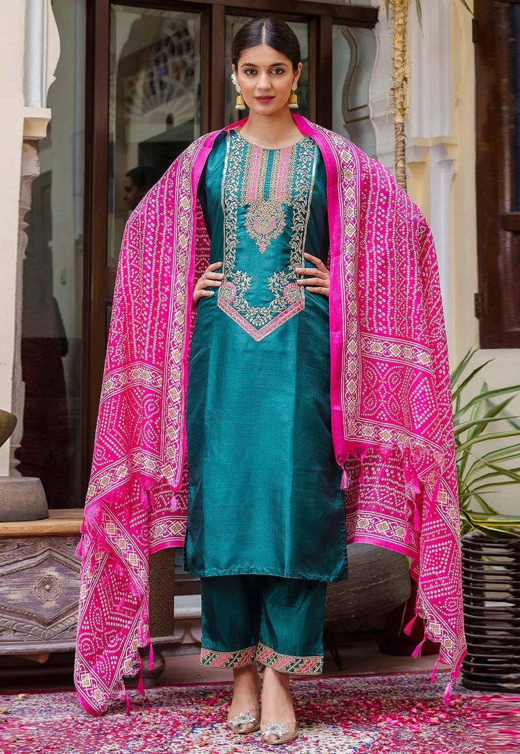 Teal Silk Readymade Pakistani Suit