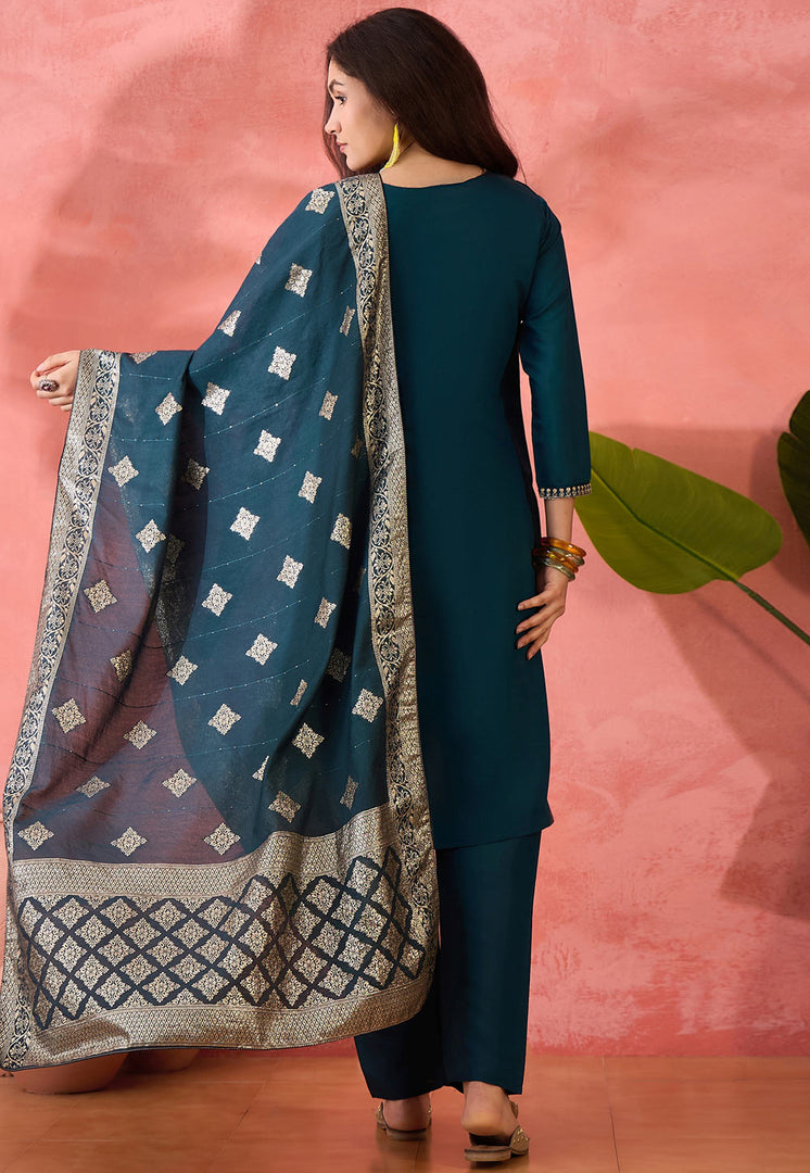 Teal Silk Readymade Pakistani Suit