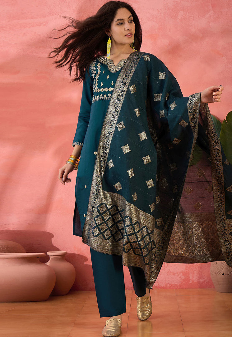 Teal Silk Readymade Pakistani Suit