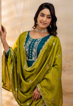 Load image into Gallery viewer, Teal Silk Readymade Pant Style Suit
