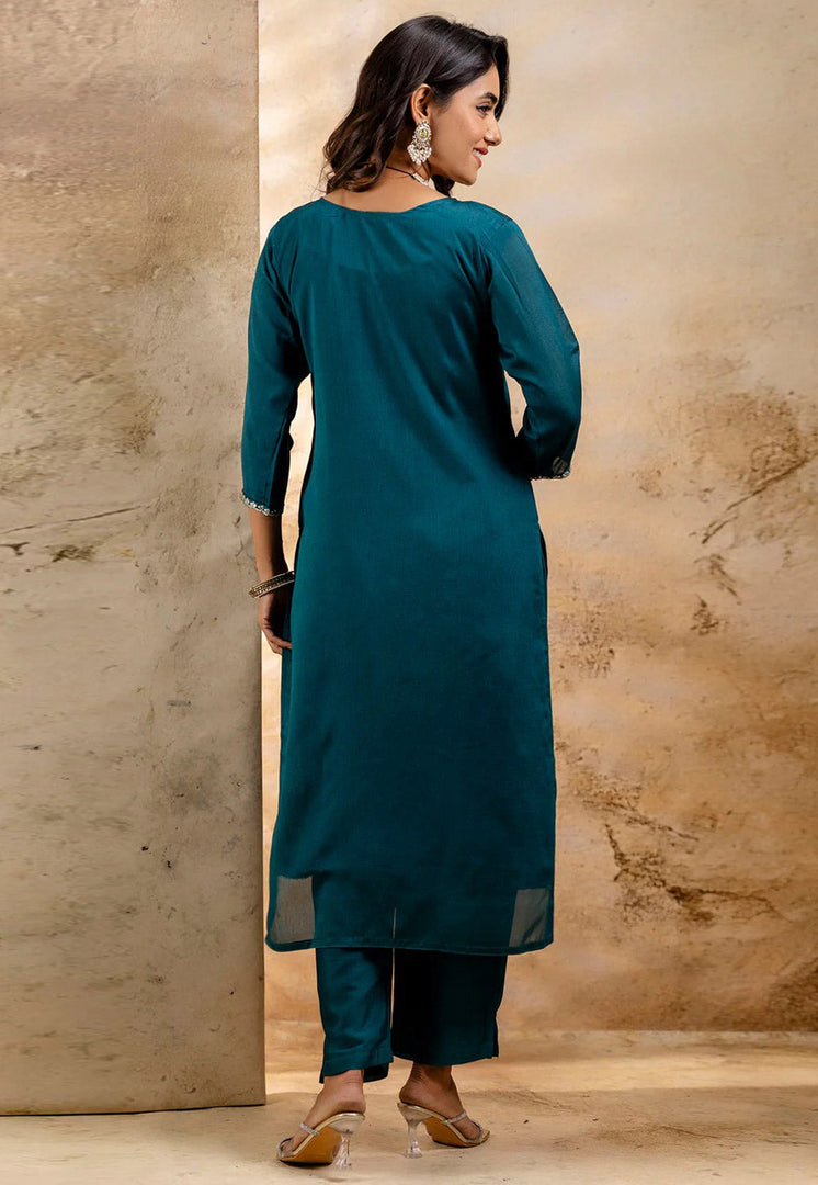 Teal Silk Readymade Pant Style Suit