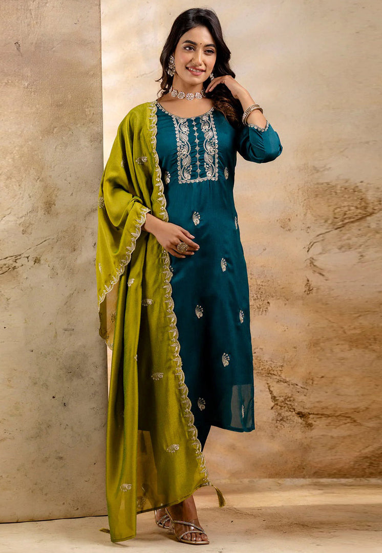 Teal Silk Readymade Pant Style Suit
