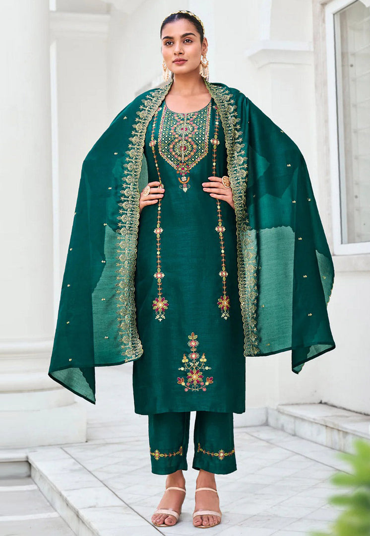 Teal Silk Readymade Pant Style Suit