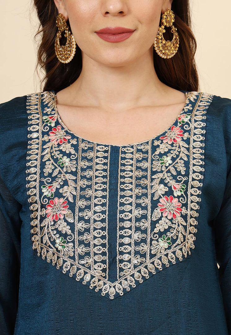 Teal Silk Readymade Pant Style Suit