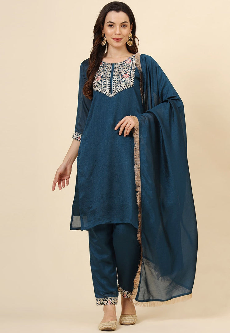Teal Silk Readymade Pant Style Suit
